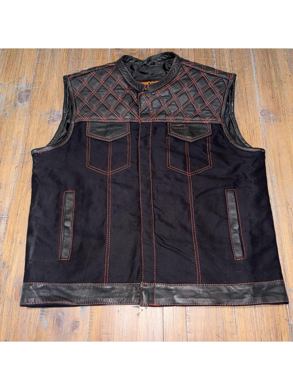 Men's Motorcycle Club Canvas & Leather Vest Concealed Carry Pockets Black/Red 48